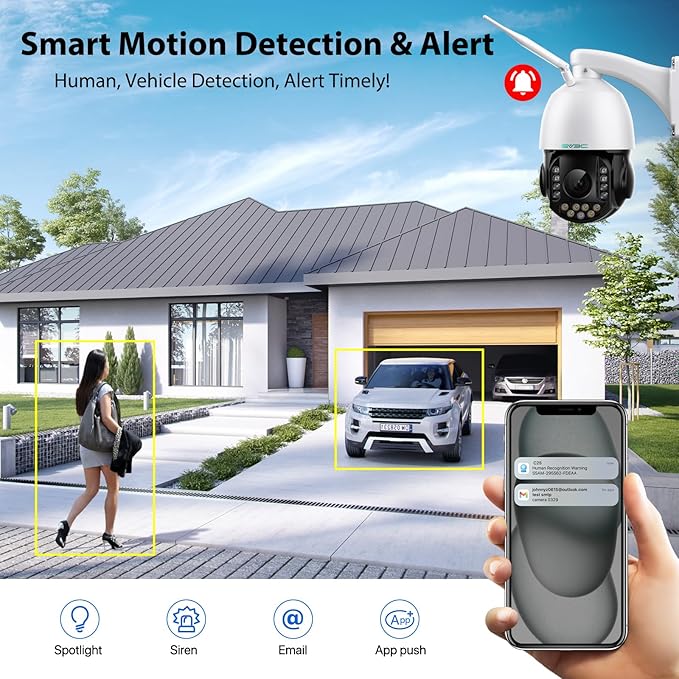 SV3C 5MP PTZ Outdoor Security IP Camera with 20X Optical Zoom, Dual-Band WiFi, Human Detection, 2-Way Audio, Floodlight Color Night Vision, Full Metal Housing, Support ONVIF/RTSP, SD Card Recording