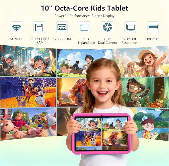 Kids Tablet, 10 inch Android 15 Tablet for Kids, 20GB RAM 128GB ROM Octa-Core 6000mAh Battery Childs Tablets with Shockproof Case, Bluetooth, WiFi, Parental Control, Dual Camera, GPS