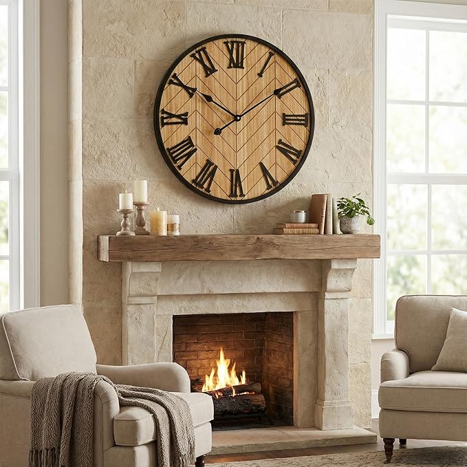 24 Inch Large Wall Clock Farmhouse Style - Brown Silent Non-Ticking Rustic Decor for Living Room, Kitchen, Bedroom