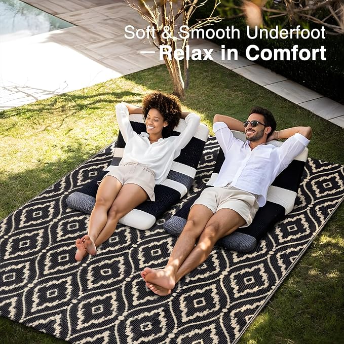 OLANLY Outdoor Rug 5x8 ft Waterproof, Outdoor Plastic Straw Rug with Geometric Pattern Clearance, Reversible RV Mat for Patio, Camping, Balcony, Deck, Backyard, Black & Beige