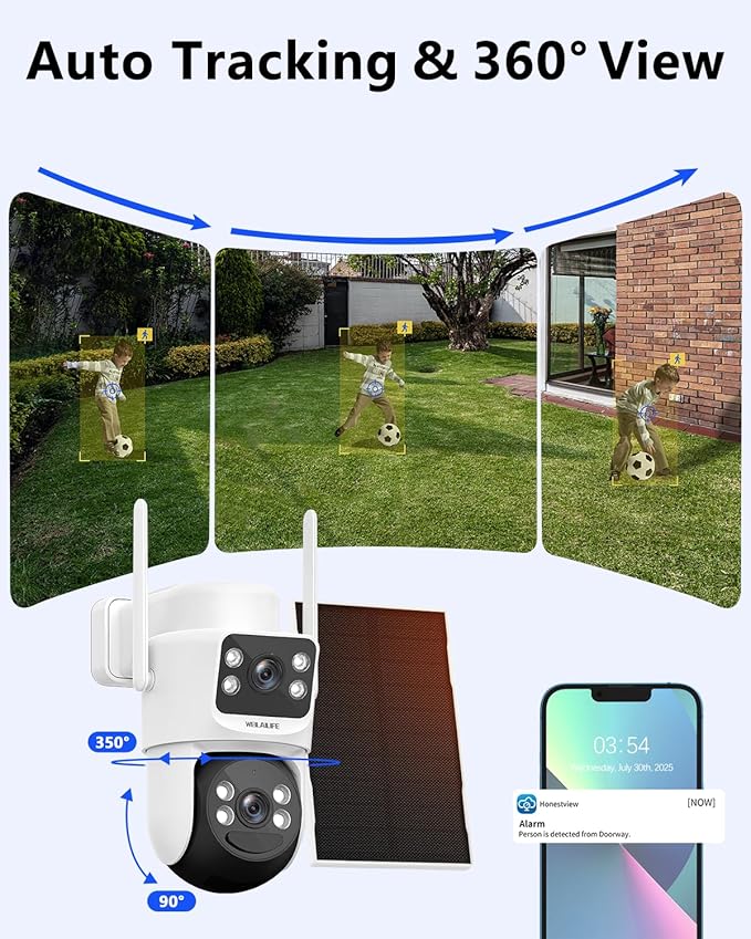 WEILAILIFE 【Auto Tracking & 2-Way Audio】 WiFi Home Video Surveillance Systems, Security Cameras Wireless Outdoor, Solar Powered PTZ Security Camera System DVR Kits