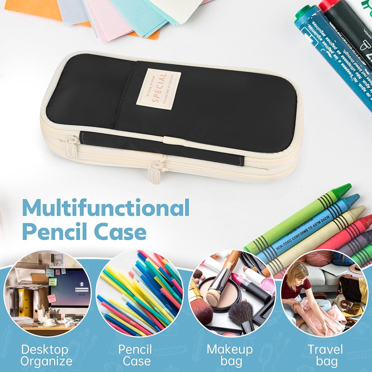 Pencil Case, Large Capacity Aesthetic Pencil Cases with Durable Zipper, Big Stationery Pencil Pouch for Women & Men, Adults Portable Storage Organizer Bag for College, office, Travel (Black)