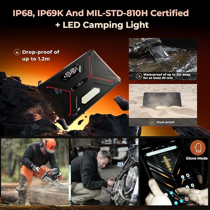 HOTWAV R9 Pro 2025 Rugged Tablet 2K 11-Inch Android 14 Tablets, 20080mAh Waterproof Tablet 20GB+256GB/2TB TF Outdoor Tablets 64MP+16MP IP68IP69K/4G Dual SIM/WiFi 5/Face ID/GPS/OTG/Camping Lanten