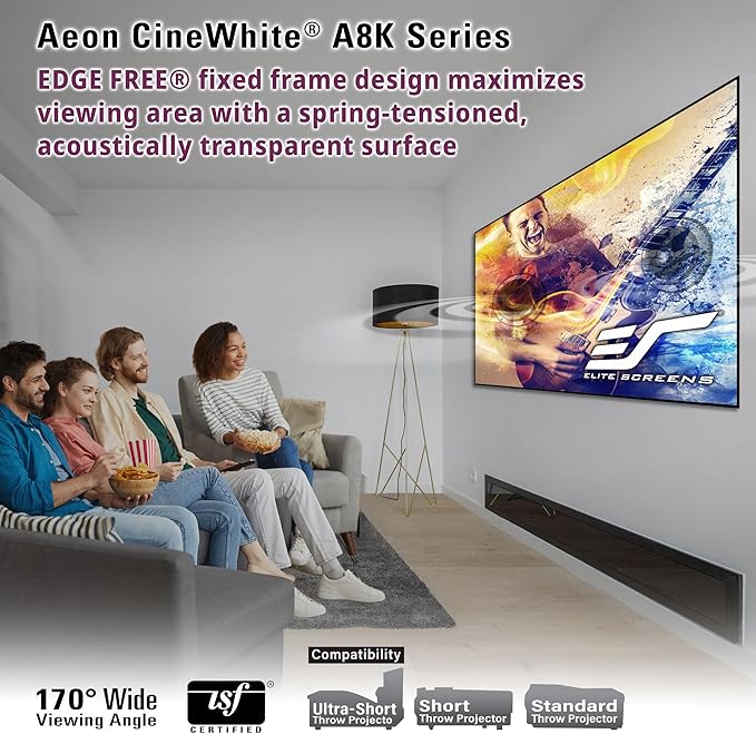 Elite Screens Aeon CineWhite A8K, 138-INCH Diag, 16:9 Aspect Ratio, ISF Certified 8K Ultra HD Home Theater Fixed Frame Edge Free Projection Sound Transparent Perforated Weaved, AR138H-A8K