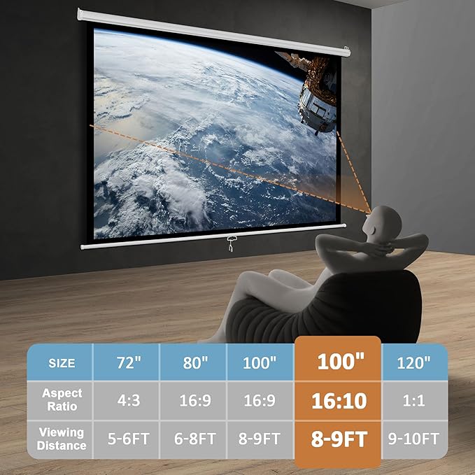 SUPER DEAL 100'' 16:10 HD Projection Screen Foldable Anti-Crease Portable Projector Movie Screen Manual Pull Down for Home Theater Presentation Education Outdoor Indoor Public Display, White
