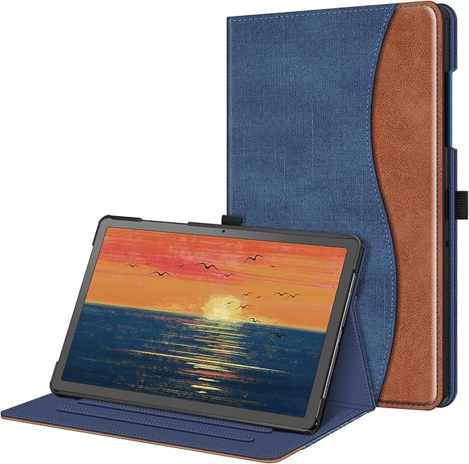 Fintie Case for Samsung Galaxy Tab A9 Plus/A9+ 5G 11 Inch 2023 Model (SM-X210/X216/X218), Multi-Angle Viewing Smart Stand Back Cover with Pocket Auto Wake/Sleep, Denim Blue/Brown