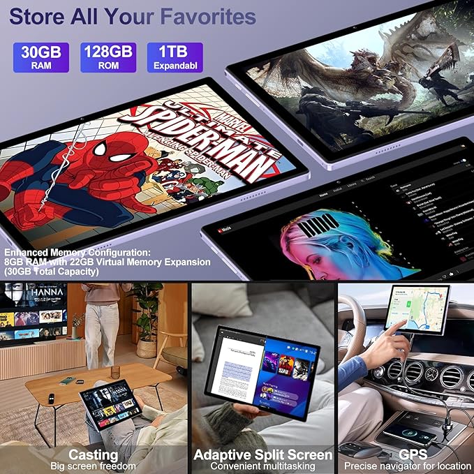 2025 Android 15 Tablet with Keyboard | Gemini AI, 30GB+128GB Octa-Core Electronics Tablets w/ 10 Inch IPS HD Display, 8000mAh, 5G WiFi, 1TB Expand, Mouse+Case, BT 5.0, Widevine L1, Metal Body -Purple