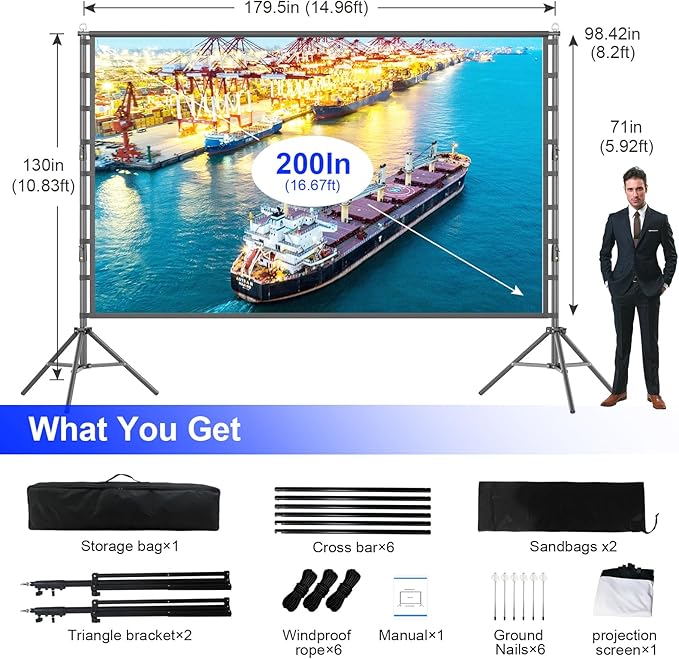 200 inch Projector Screen with Stand,HUANYINGBJB Outside Projection Screen, Portable 16:9 4K HD Rear Front Movie Screen with Carry Bag for Theater Backyard Movie Night,Cinema School, Churches