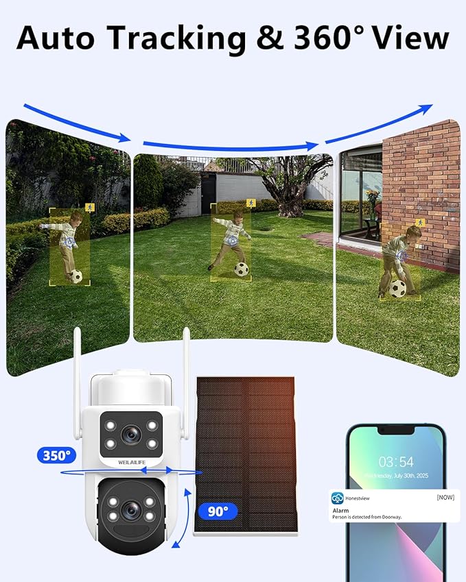 WEILAILIFE 【All-in-One Security System】 Security Cameras Wireless Outdoor, Solar-Powered PTZ Security Camera System, WiFi Home Video Surveillance Systems DVR Kits
