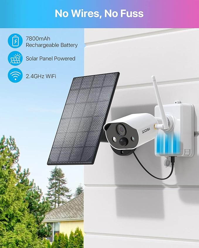 ZOSI 2 x C306 Pro 3MP 2K Wireless Solar Security Camera Outdoor - Battery/Solar Powered, Color Night Vision, PIR Motion Detection, Spotlight Alarm,Cloud/Memory Card Storage (No Memory Card Included)