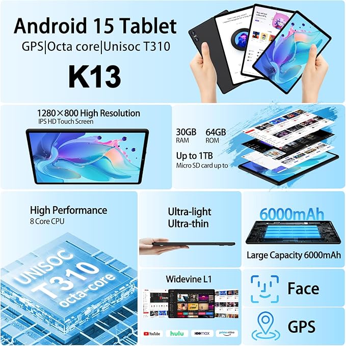 2025 Android 15 Tablet with Keyboard, 10.1 Inch Tablets FHD Display 30GB RAM 64GB ROM 1TB Expand, Octa-Core 2.0GHz, Widevine L1, 6000mAh Battery, 5G WiFi & GPS, Gemini AI, 2-in-1 Tableta PC - Black