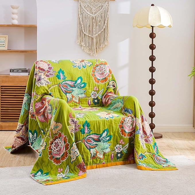 Fall Throw Blanket, 100% Cotton Soft Rustic Boho Throw Blanket for Bed, 60"x80" Farmhouse Decor Bed Flower Blankets, Light Weight Reversible Bohemian Throw Quilt