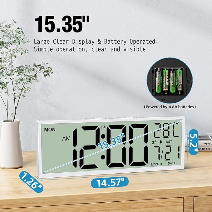 XREXS 14.5" Digital Wall Clock Battery Operated with Big Digits LCD Screen Display, Large Display Timer with Temperature Date Week Auto DST, Alarm Clock for Classroom, Livingroom, Office