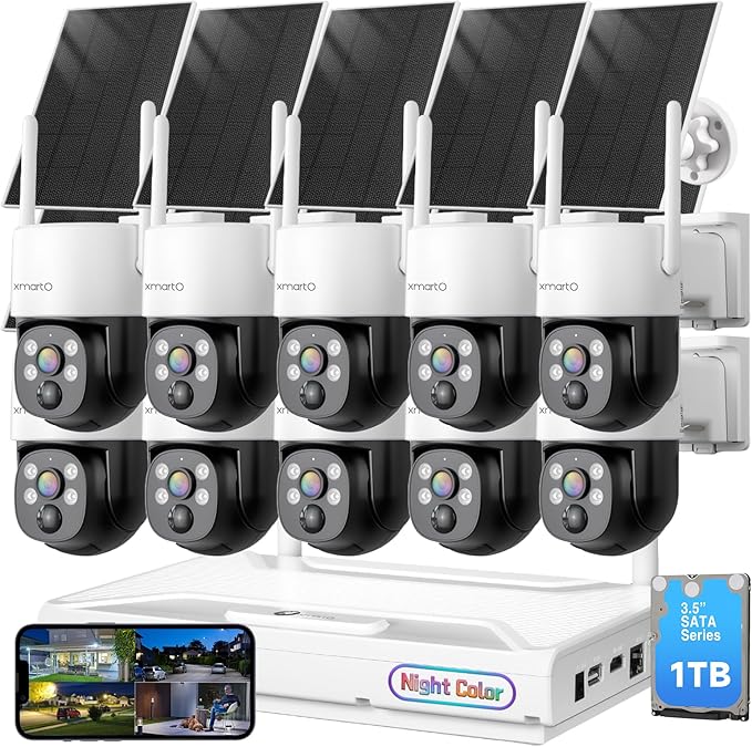 xmartO [Night Color 10-Cam 2K HD Wireless Solar Security Camera System with Starlight Color Night Vision, PTZ Control, Long Range WiFi6, Easy Mobile View, 0 Monthly Fee, 1TB HDD