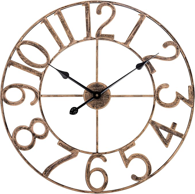 BEW Large Wall Clocks for Living Room Decor, Silent Analog Battery Operated Wall Clock, 24 Inch Bronze Rustic Farmhouse Metal Wall Clock for Indoor, Outdoor