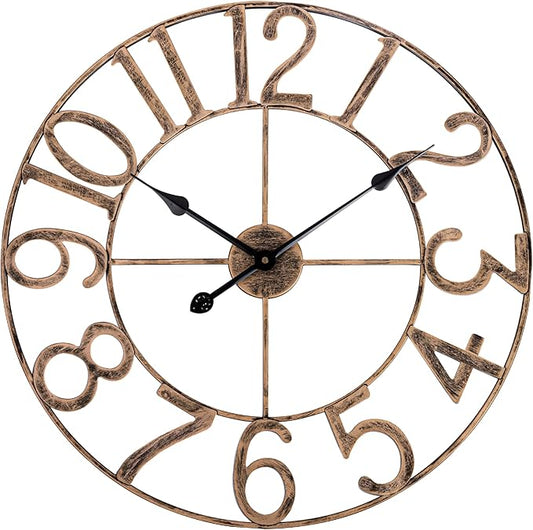 BEW Large Wall Clocks for Living Room Decor, Silent Analog Battery Operated Wall Clock, 24 Inch Bronze Rustic Farmhouse Metal Wall Clock for Indoor, Outdoor