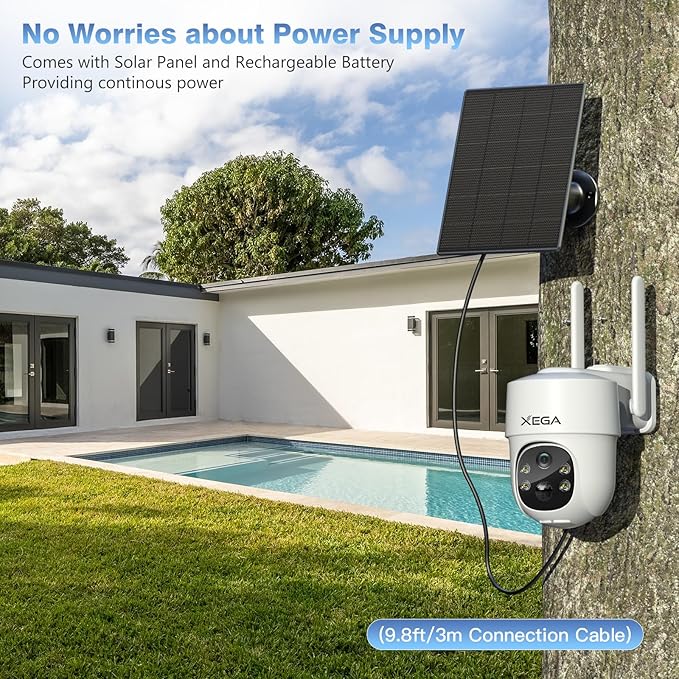 Xega 4G LTE Cellular Security Camera Solar with SIM Card,Wireless Outdoor No WiFi Security Camera,2K HD PTZ Night Vision Motion Detection 2 Way Talk TF&Cloud Storage,Only Support the Built-in SIM Card