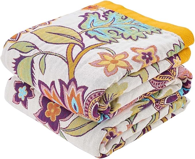 Boho Throw Blanket for Bed, 100% Cotton Soft Rustic Quilt Fall Blanket, 60"x80" Floral Printed Farmhouse Decor Bed Blankets, All Season Rustic Reversible Bohemian Throw Quilt