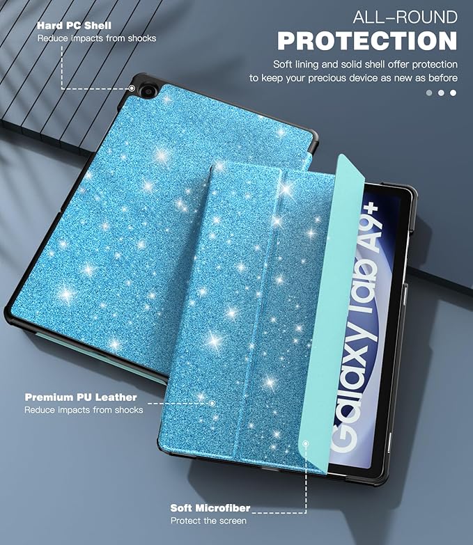 TiMOVO Case for Samsung Galaxy Tab A9+/A9 Plus 11 Inch 2023 SM-X210/X216/X218, Slim Lightweight Stand Hard Back Shell Protective Cover, Auto Wake/Sleep, Glitter Sky Blue