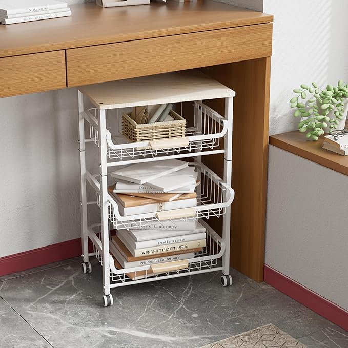 4-Layer Fruit Basket Kitchen Food Organizer and Rack, Stackable Storage Cart with Desktop, Pull-Out Hollow Metal Basket, Sliding Out Storage (Black 4-Layer Rack)