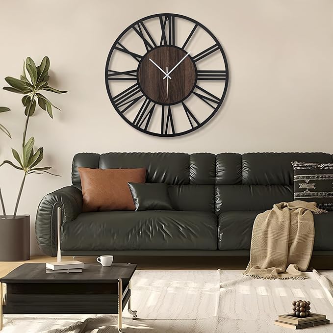 LEIKE Extra Large Wall Clocks,Silent Little Ticking,Battery Operated Vintage Round Modern Wood Wall Clock for Living Room, Bedroom,Farmhouse,Office Home Decor-32 Inch(Black-Roman Numerals)