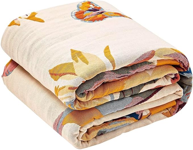 Boho Throw Blanket, 100% Cotton Ultra Soft Luxury Throw Rustic Quilt, 50"x60" Floral Bird Butterfly Farmhouse Decor Bed Blankets, All Season Rustic Reversible Bohemian Throw for Bed - Yellow