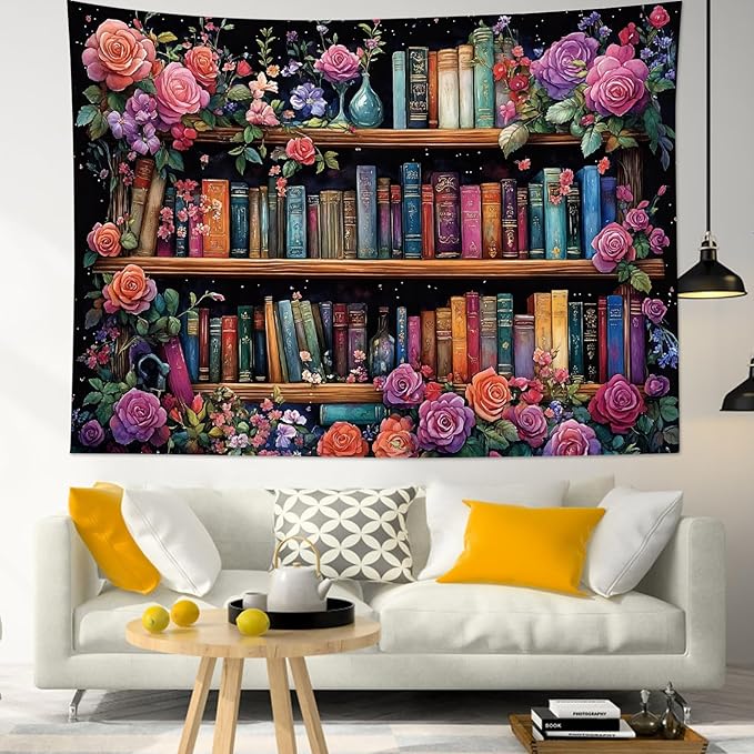HVEST Bookshelf Tapestry Wall Hanging Pink Floral Green Leaf Watercolor Plant Botanical Aesthetic Wall Decor Vintage Library Book Tapestry for Bedroom Living Room Dorm, 60L x 80W Inches