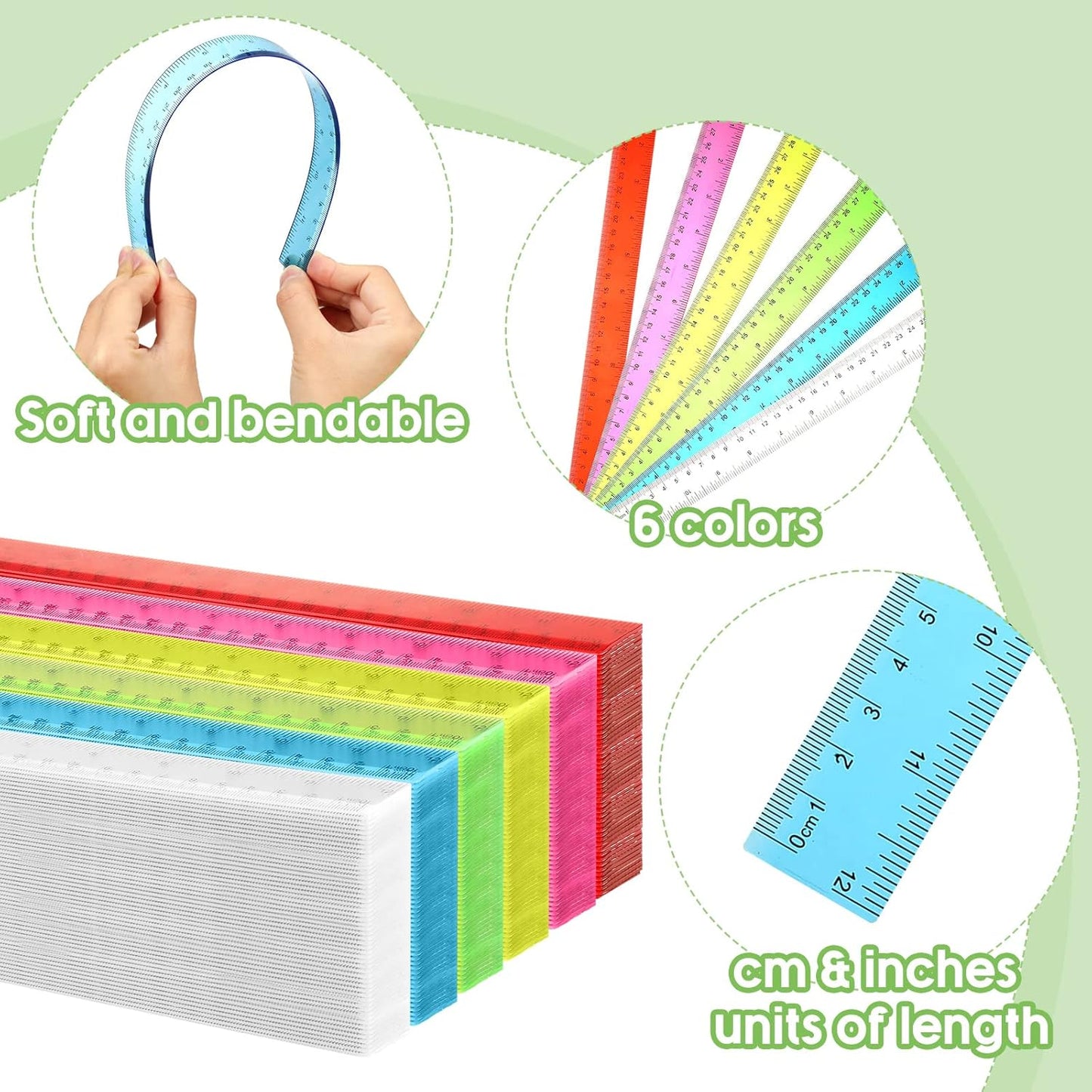 Fumete 300 Pack 12 Inch Plastic Rulers Bulk for Classroom Operation Christmas Supplies Flexible Transparent Assorted Color Ruler with Centimeters and Inches for Office Teacher Student