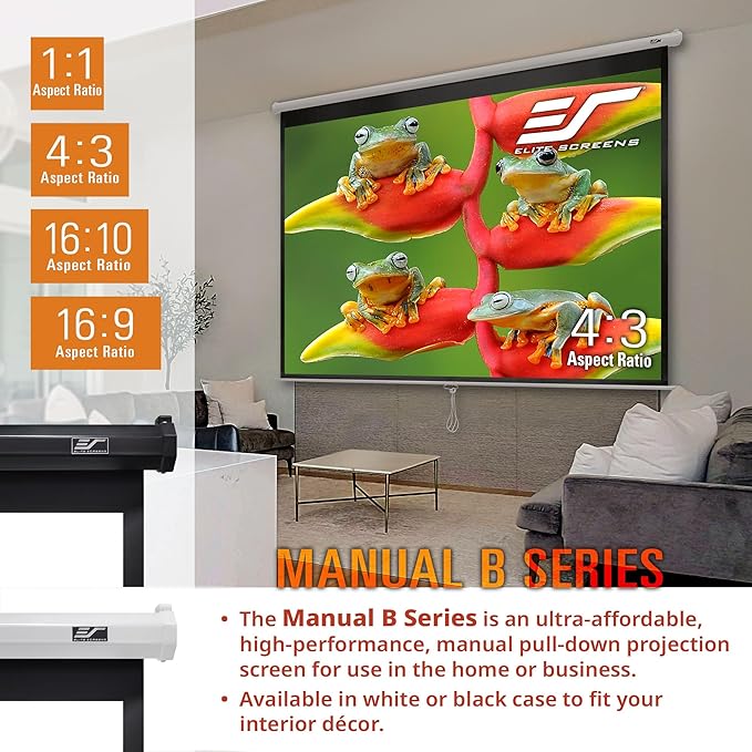 Elite Screens Manual B, 135-INCH Manual Pull Down Projector Screen 16:9 Diag 4K 8K 3D Ultra HDR HD Ready Home Theater Movie Office Presentation Projection Screen, M135H