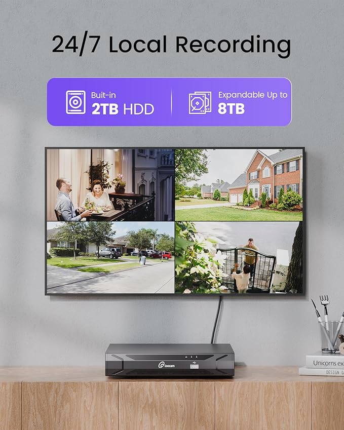 Loocam 4K Security Camera System 8CH H.265+NVR with 2TB HDD, 4pcs 8MP Wired PoE Camera System AI Human Vehicle Detection, Outdoor Indoor Home Camera System with Audio, Night Vision, 24/7 Recording