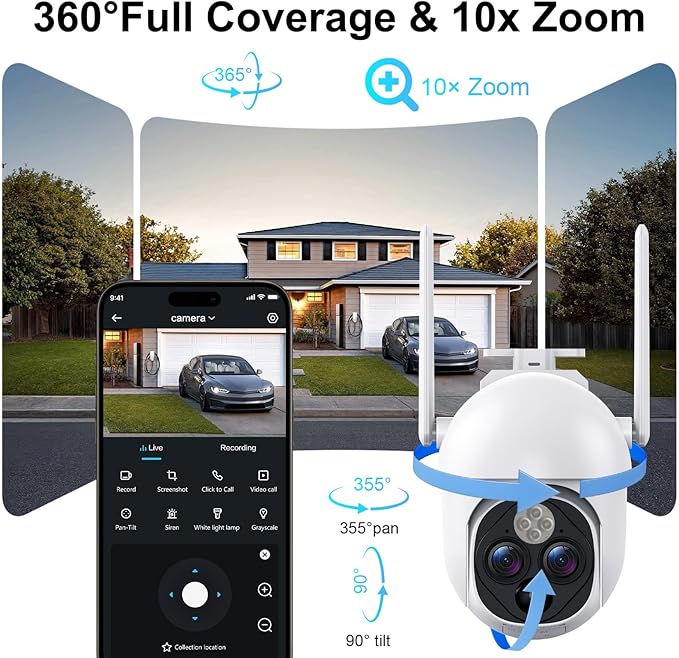 Dual-Lens Solar Security Cameras Wireless Outdoor, 360° View 10X Zoom WiFi Cameras for Home Security with PIR Detection, 2-Way Audio, IP65 Waterproof Spotlight Siren Alarm, SD/Cloud Storage