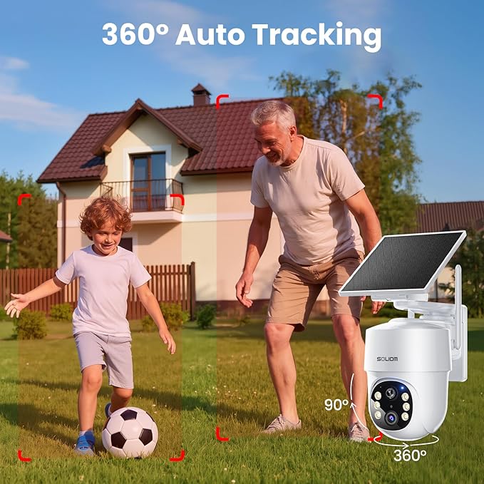 SOLIOM- 5MP Security Cameras Wireless Outdoor, No Subscription,4-Cam Pack, Solar Powered Home Security Camera with 360° Auto Tracking, Pan & Tilt, 3K Color Night Vision,5G & 2.4G Router Compatible