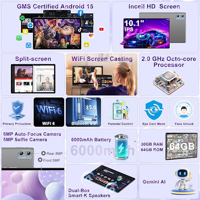 10 Inch Tablet Android 15 Tablets with Keyboard, 30GB 64GB 1TB Expand Tab PC with 2.0GHz Octa-Core, 8MP Camera, 6000mAh, GMS, WiFi 6, BT 5.0, FHD Display, Widevine L1, Gemini AI (Gray)