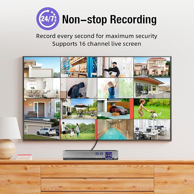 TOWODE 16 Channel Security Recorder DVR System H.265+ Surveillance DVR Recorder with 4pcs 5MP Surveillance Camera 24/7 Recording,Mobile APP & PC Remote Pre-Installed 1TB Hard Drive