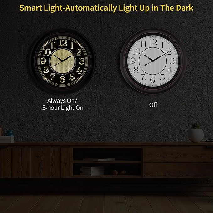 18 Inch Lighted Wall Clock Outdoor Clocks with Smart Light Sensor Battery Operated Wall Clocks with Night Light, Waterproof Wall Clock for Patio, Garden, Porch, Living Room, Home, Office