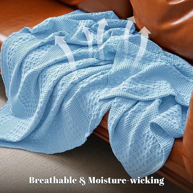 PHF 100% Cotton Waffle Weave Throw Blanket, Soft Lightweight Breathable Cozy Summer Throws for Couch Bed Sofa, Luxury Aesthetic Woven Blanket for Home Decor & Office, 50"x60", Sky Blue