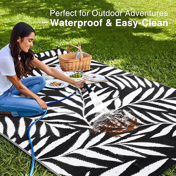 OLANLY Waterproof Outdoor Rug 6x9 ft, Reversible Outdoor Plastic Straw Rug with Leaf Pattern, RV Mat, Indoor Outdoor Carpet for Patio, Camping, Balcony, Deck, Backyard, Black & White