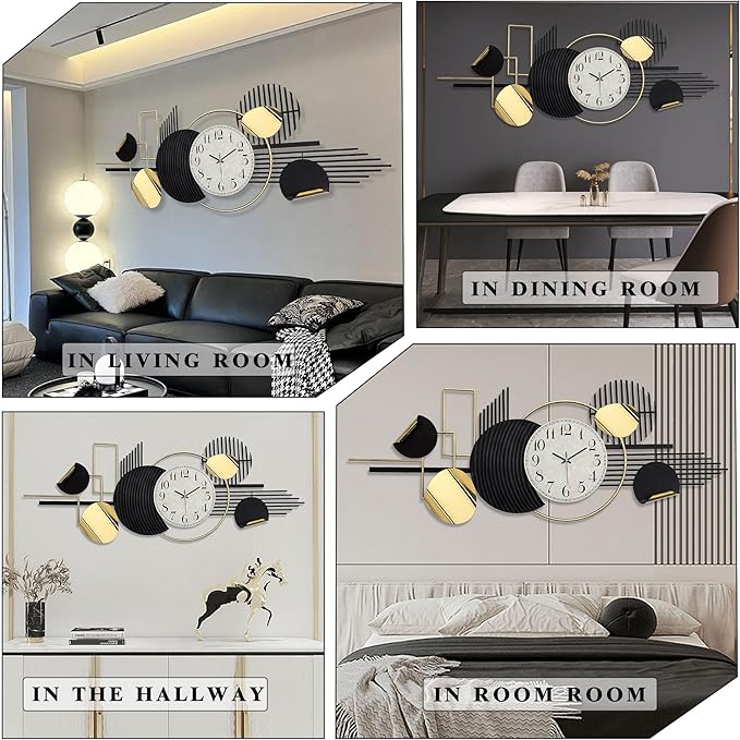 Large Modern Wall Clock,Metal Black White Wall Clock Silent Non-Ticking, Battery Operated,57x 23 Inches Wall Art,Oversized Decorative Metal Clock for Living Room,Dinner Room,Bedroom