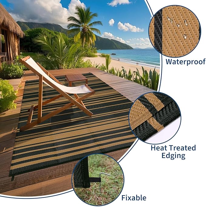 Outdoor Plastic Straw Rug 9x18 Waterproof Outside Rug, Large Modern Striped Reversible Floor Mats, Foldable & Lightweight Camping Carpet for Patio, Porch, Deck, Backyard, Balcony, Black Brown
