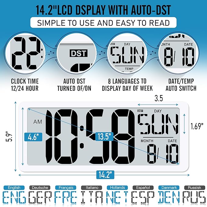 TXL Rechargeable Atomic Clock with Backlight, 14.2" Large Display Digital Wall Clock Battery Operated with Day, Date & Temperature, Large Wall Clock for Bedroom, Livingroom, Office（White）