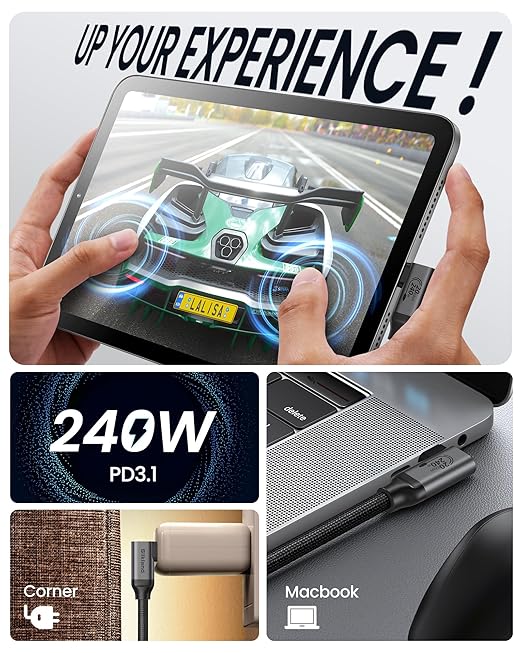 Silkland USB C Monitor Cable Right Angle 6.6FT, 8K@30Hz 5K/4K@60Hz Display, 20Gbps Data Transfer, 90 Degree USB C 3.2 Gen 2x2 Video Cable, 240W Charging for iPhone 17, MacBook,Portable Monitor,Carplay