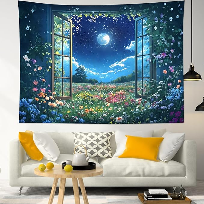 LB Wildflower Moon Tapestry, Green Plant Outside Window and Colorful Floral Wall Tapestry for Bedroom, Garden Wall Art for Living Room Dorm Home Decor Ready to Hanging, 80 x 60 Inches