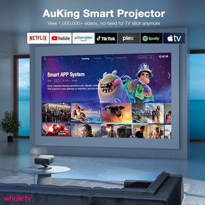 [2200ANSI & Officially-Licensed APP] 4K Projector with WiFi and Bluetooth,3D Dolby Audio and Auto Focus Smart Projector, AuKing Outdoor Movie Home Theater Proyector with Omni-Adjustable Stand