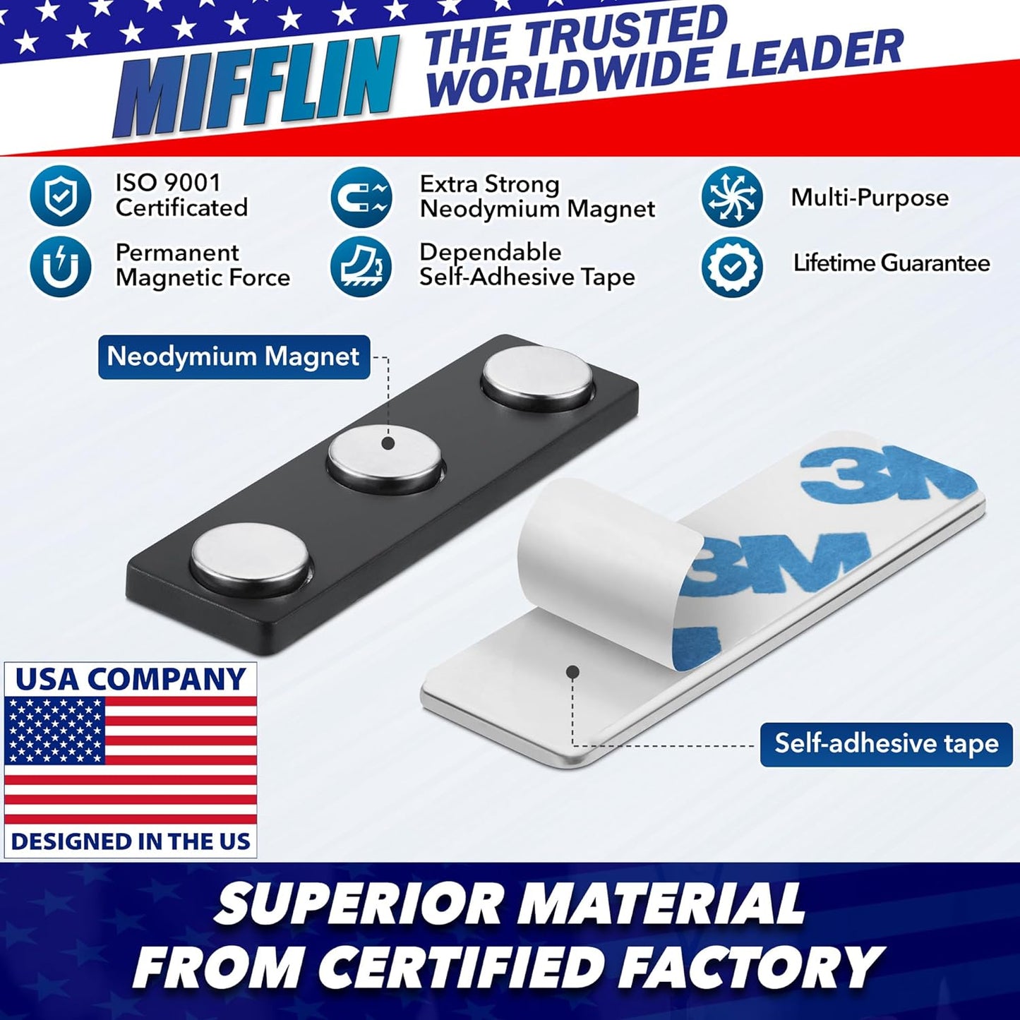 Mifflin-USA - Name Tag Magnets - 200 Pack, 1.75 x 0.5 Inches - Premium ID Badge Holder with 3 Extra Strong Neodymium Magnets