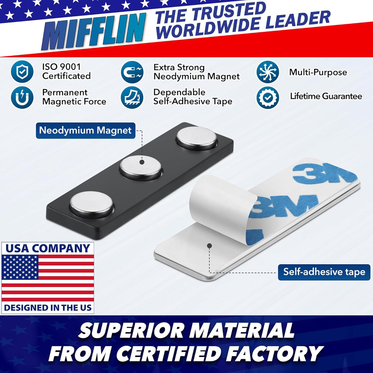 Mifflin-USA - Name Tag Magnets - 500 Pack, 1.75 x 0.5 Inches - Premium ID Badge Holder with 3 Extra Strong Neodymium Magnets