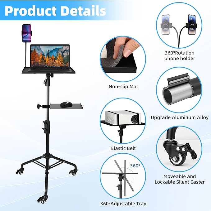 Projector Stand Tripod – 24 to 59 Inch Adjustable Height – Dual Shelves Laptop Tripod Stand with Moveable Wheels and Phone Holder, Portable Laptop Stand for Office, Stage & Outdoor Use