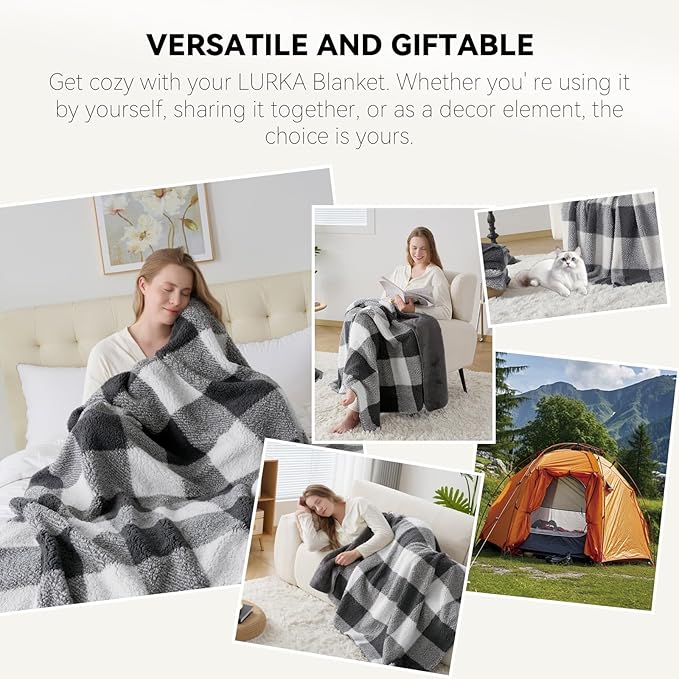 LURKA Checkered Sherpa Fleece Twin-Size Bed Blanket - Extra Thick and Warm Winter Soft Fuzzy Plush Blanket for Couches, Beds & Pets, Smoke Grey, 60x80 Inches