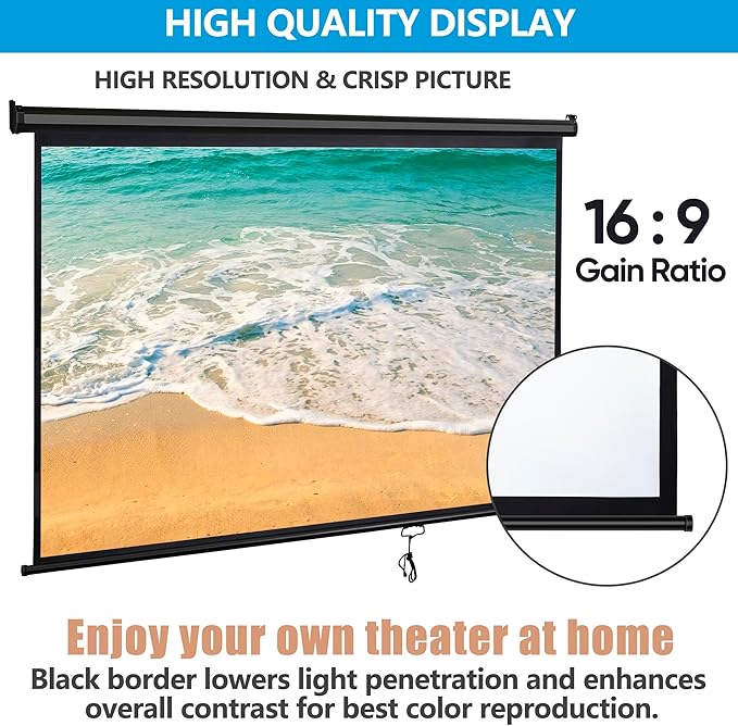 SUPER DEAL 80'' 16:9 HD Projection Screen Foldable Anti-Crease Portable Projector Movie Screen Manual Pull Down for Home Theater Presentation Education Outdoor Indoor Public Display, Black