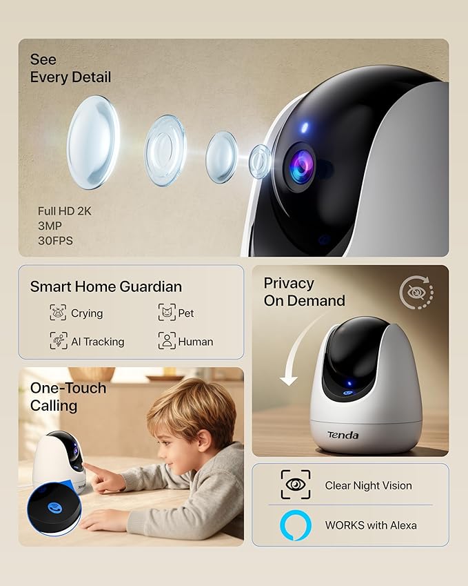 Tenda CP3 Pro 2K Indoor Security Camera with WiFi 6 & AI Baby/Pet Detection – Baby Monitor, Pet Camera for Home, One-Touch Calling, Night Vision, Military-Grade Encryption, No Subscription Needed