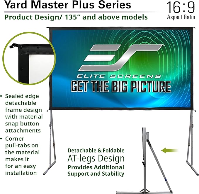 Elite Screens Yard Master Plus, 250-INCH 16:9 Height Setting Adjustable Portable Projector Screen, 4K HD Outdoor Indoor Movie Theater Front Projection, US Based Company 2-Year Warranty, OMS250H2PLUS